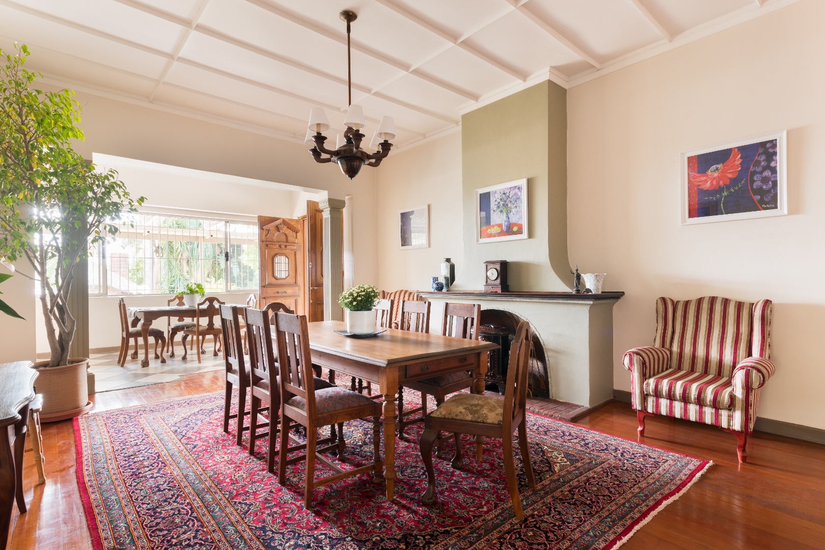 Formal dining room with fireplace