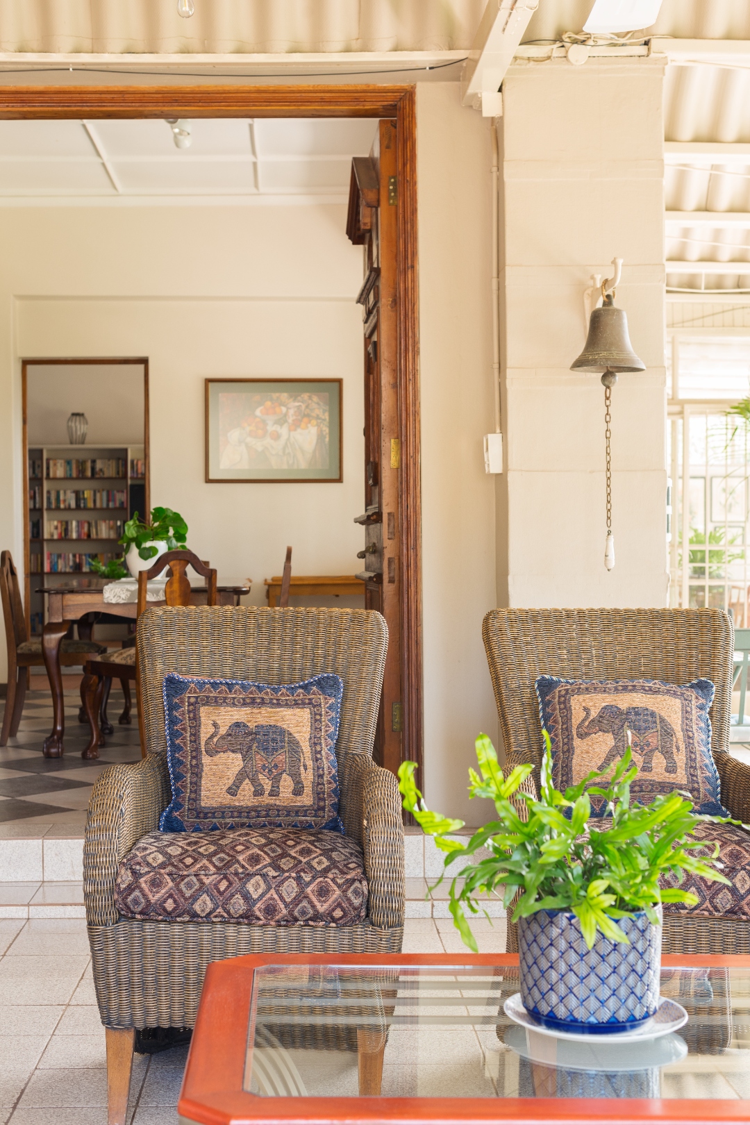 Veranda seating with elephant-motif cushions
